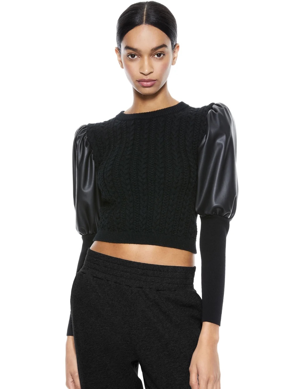 Alice + Olivia Black Wool Cable Knit Faux Leather Puff Sleeve Cropped Sweater M